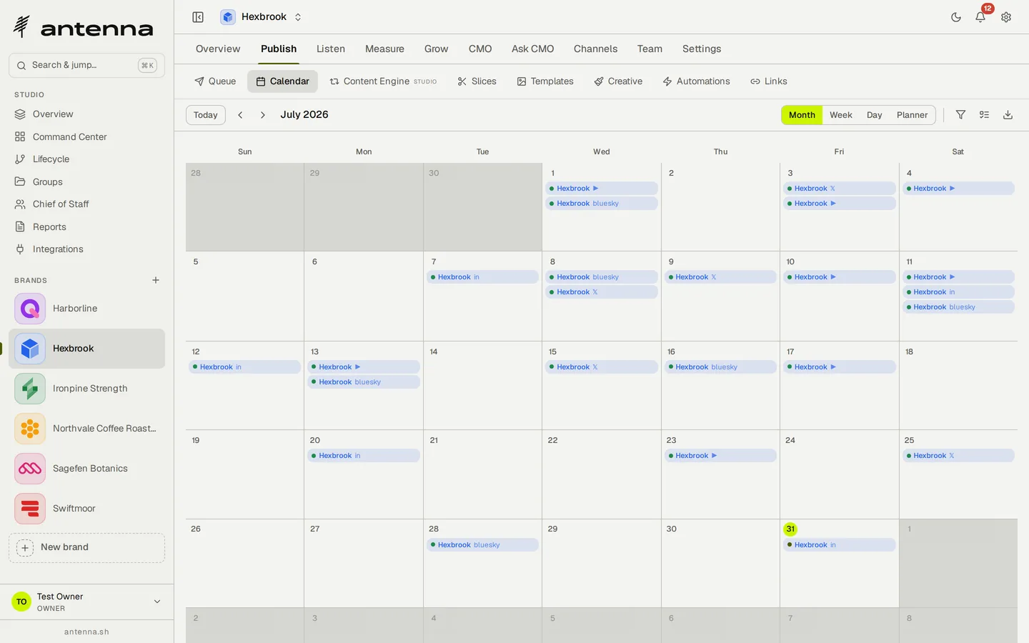 Antenna's brand calendar for Hexbrook in month view for July 2026, with scheduled Bluesky, LinkedIn, X and YouTube posts placed across the weeks