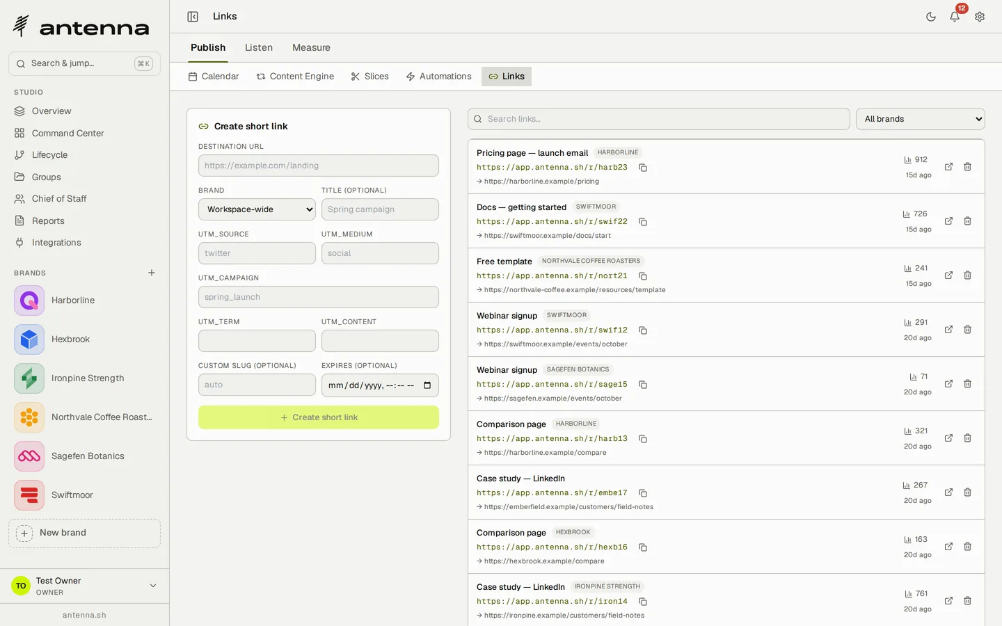 Antenna's links dashboard: a create-short-link form with brand, UTM source, medium and campaign fields, beside nine live links — each with its brand chip, its app.antenna.sh short URL, the destination it points at, and its click count